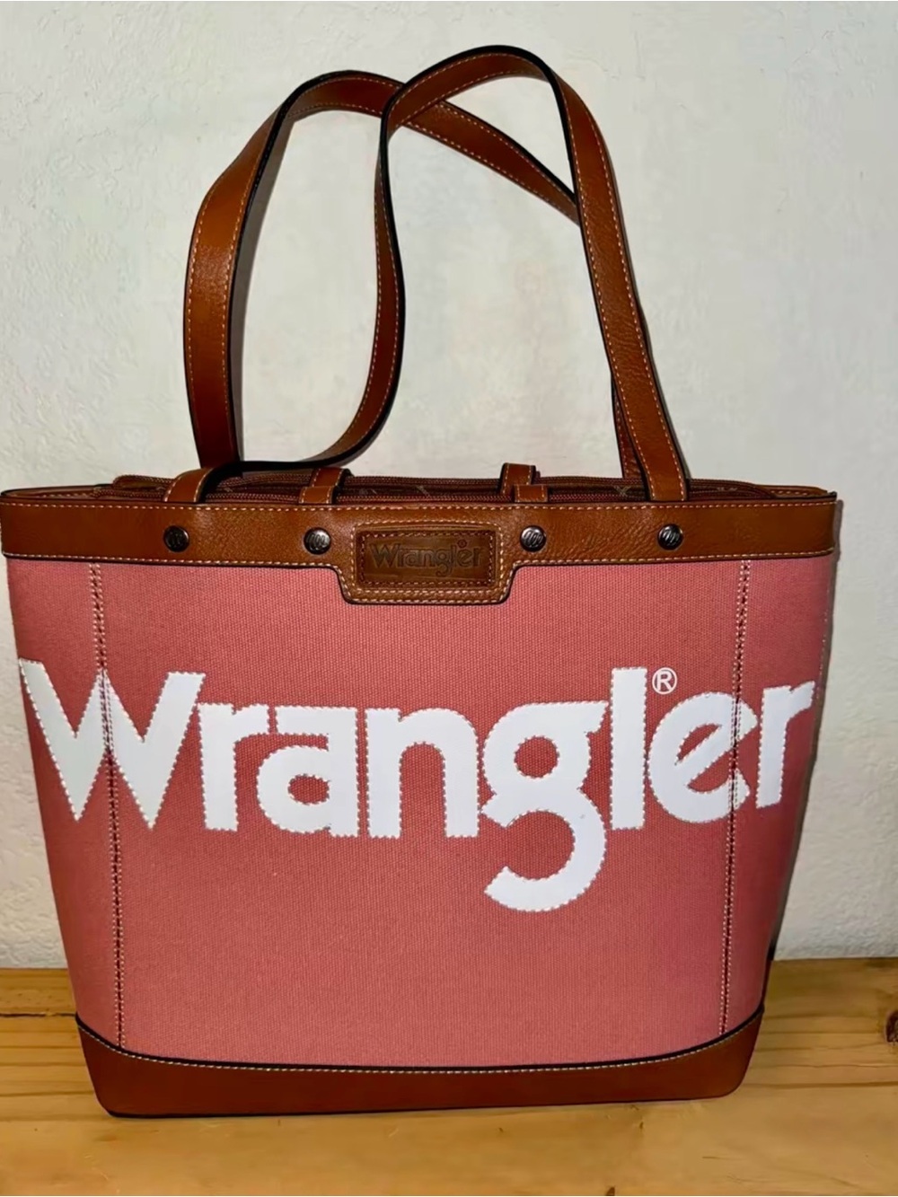 Wrangler Coral Pink Canvas Tote with Brown Trim